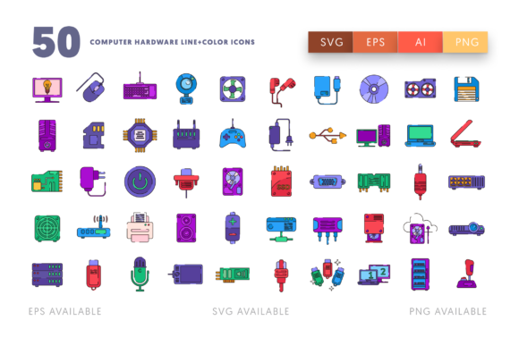50 Computer Hardware Line & Color Icons: Your Design Toolkit